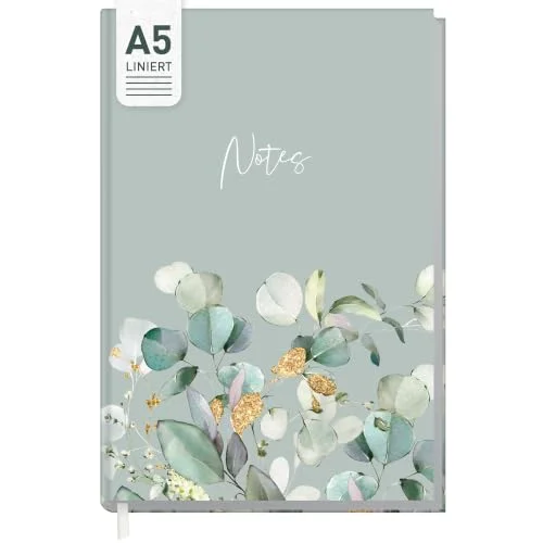 Anteckningsbok A5 linjerad "Minty Leaves" från Trendstuff by Häfft 124 sidor, 62 ark perfekt som dagbok, bullet journal, idébok, skrivhäfte hållbar och klimatvänlig 4029357096852