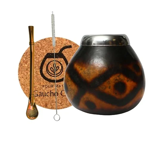 Gaucho Cebar set med naturlig kalebass för Yerba Mate te Pumpakopp och sugrör i rostfritt stål Bombilla Straw Accessories korkdyna borste, brun 5905567011887