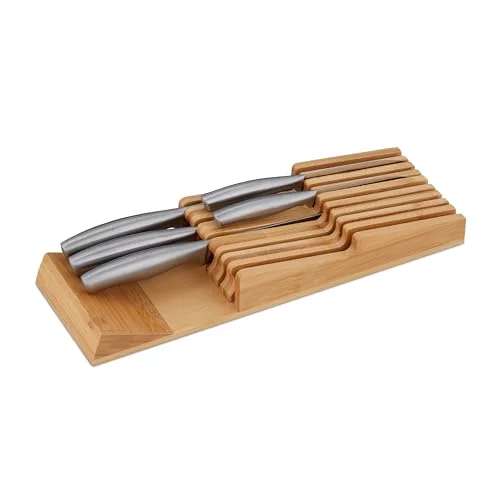 Relaxdays Knivhållare låda, för 9 knivar och brynstål, bambu knivblock liggande, H x B D: 5,5 13 40 cm, natur 4052025462963