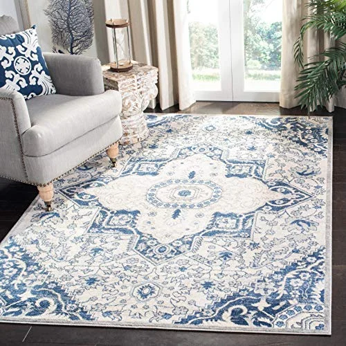SAFAVIEH Traditionell matta för vardagsrum, matsal, sovrum Brentwood Collection, kort lugg, gräddvit och blå, 122 x 183 cm 889048677333