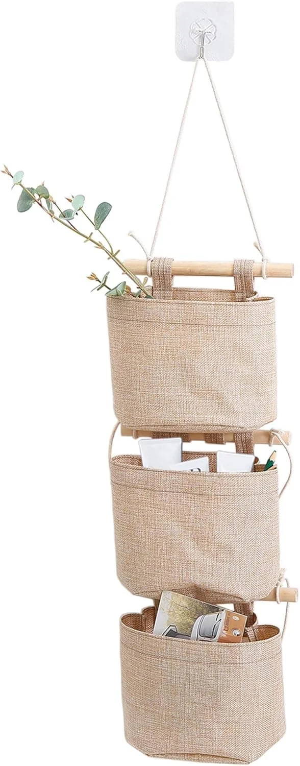 1 Pack Mini Bomull Linnetyg Garderob Avtagbar Fällbar Tvättbar Hängande Förvaringsväska med 3 Fack beige AFDK052177SL