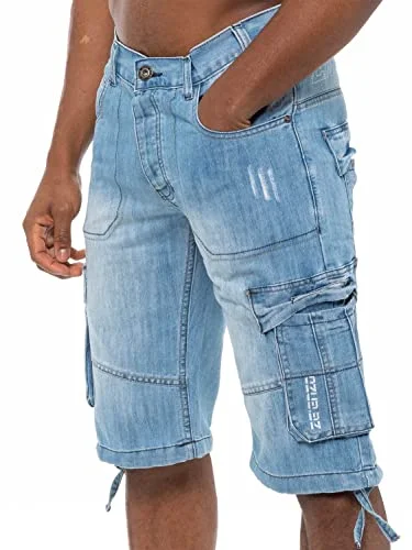 989Zé ENZO Herrshorts EZS404 Raw Combat Cargo fickor ledig knälång denim halvbyxor, Ljusblått, 42W 5056468417640