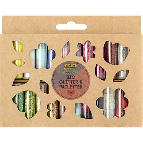 folia 5781 organiskt glitter och paljetter set RAINBOW L, 20 rör, i olika former färger, för dekoration 4001868133523