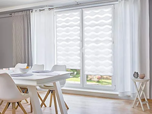 K home Klemmfix dubbel rullgardin "Våg" utan borrning vit 100 cm x 150 (B L) 4260459061960