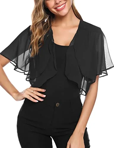 Aottori Dam chiffong bolero festlig 3/4 ärm elegant Shrug topp kort kofta öppen front casual bolerojacka axeljacka, svart, S 720168858243
