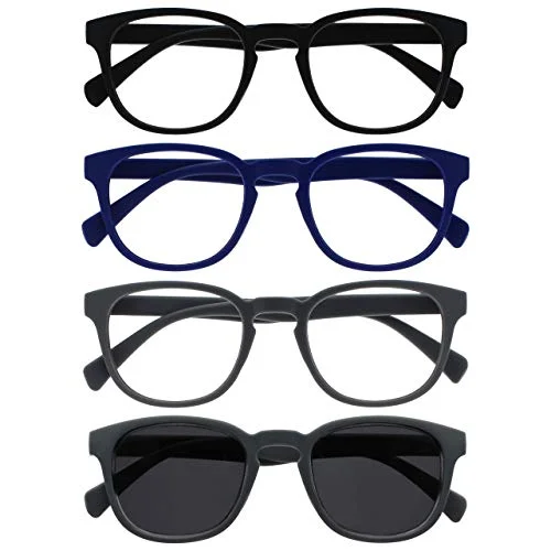 OPULIZE Pop 4 pack läsglasögon med läsning solglasögon retro rund slät matt svart blå grå män kvinnor RRRS2 1377 +3,50 5055955358299