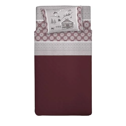 PENSIERI DELICATI set med enkelsäng 100% bomull, lakan för 90 x 200 underlakan, överlakan och 1 örngott, tillverkad i Italien, chalet röd 8055267614714