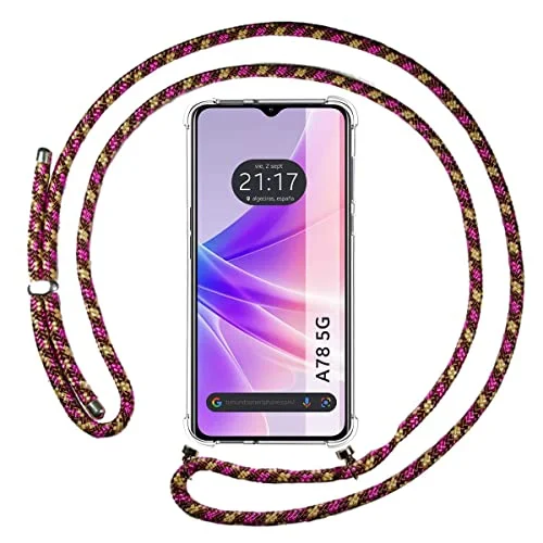 Tumundosmartphone Transparent hängande fodral för OPPO A78 5G med Rosa/Guld Cordon 8434844934429