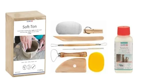 GLOREX 6 8075 299K set för kreativ: Mjuk lera 2 500 g i vitt, lufthärdande eller brandfarlig, 100 ml lertät och ett 8 delat med slitstarkt modelleringsverktyg 7610877570648