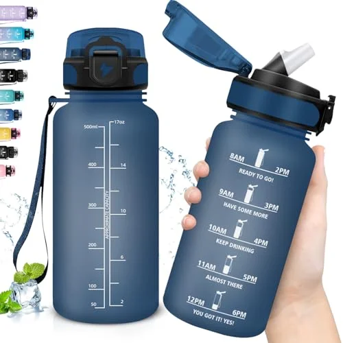 Grsta Vattenflaska för barn, lätt att bära, 0,5 liters flaska med tidsskala, läckagefri sugrör, motiverande flaska, skolor, camping, kontor 602397326000
