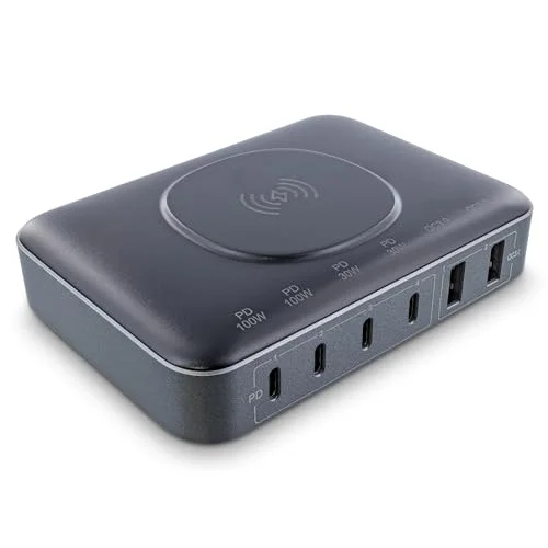 InLine Qi Powerstation 6 port, trådlös laddare, 4 x USB C, 2 A, GaN, 100 W, snabbladdare, strömförsörjning för MacBook Pro/Air, iPhone/Pro/Mini, iPad Pro, Pixel och mer, svart, 31517K 4043718313334