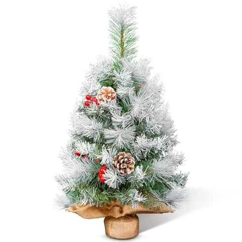 AGM Mini julgran 2 fot, 60 cm frostad bordsskiva med röda bär och tallkottar, för jul hem kök matbord dekor 6974692050602