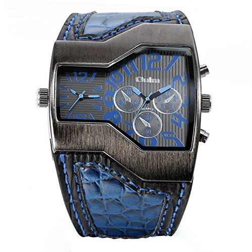Avaner mode män militär sportklocka dubbel japansk rörelse två tidszon analog display kvarts blått läderarmband armbandsur med dekorativa underringar rem BLÅ 6954847770517