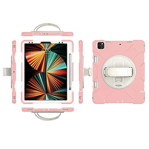 iPad mini6 2021 generationen fodral med skärmskydd pennhållare kickstand handrem 360 vridbar handledsrem stativ hållbart skyddsfodral (roséguld) 755985082564