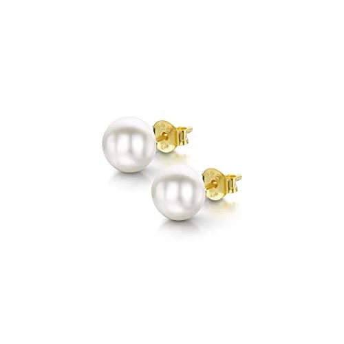 Amberta Kvinnor 925 Sterling Silver Sötvattenspärla Stift Örhängen: 7 till 8 mm Vit Pärl med Guldpläterad 5055806917972