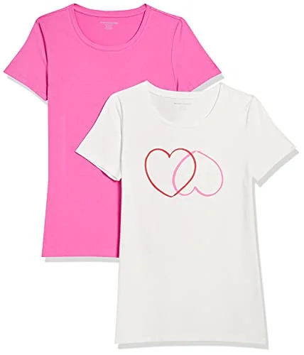 Amazon Essentials Women's Kortärmad T shirt med rund hals klassisk passform, Pack of 2, Rosa/Vit Hjärtan, S 195111450872
