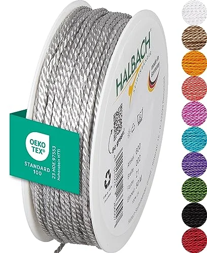 Halbach sidenband premiumsnöre (ljusgrå) bredd 2 mm längd 50 m Tillverkad i Tyskland & Öko Tex certifierad glänsande satinsnöre av acetat 4015275266057