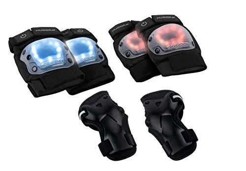 HUDORA Barn och vuxna skydds set, Gr. S Optimal synlighet på skridskoåkning, Scooter, MTB tack 11 LED lampor inkl. armbågskydd, knäskydd & handledskydd, svart, 4005998856550