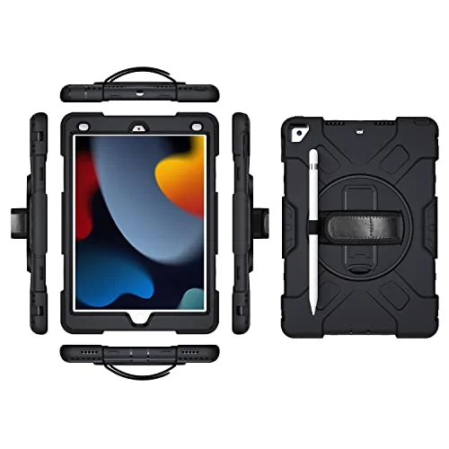 iPad mini6 2021 generationen fodral med skärmskydd pennhållare Kickstand 360 roterande handledsrem stativ robust skyddsfodral (svart) 755985084759