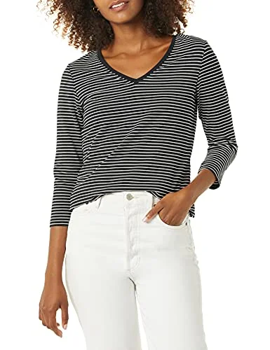 Amazon Essentials Women's V ringad T shirt klassisk passform med kvartsärmar (finns i plusstorlek), Svart Vit Rand, XXL 195111697192