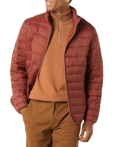 Amazon Essentials lättviktig vattentålig pufferjacka för män (finns i stora och långa), jorden röd, Large 195111522111