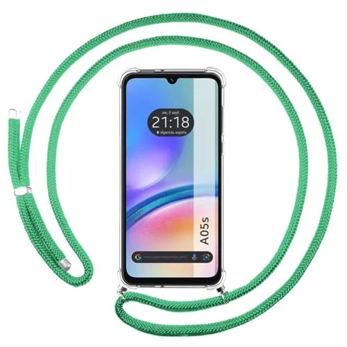 Transparent hängande fodral för Samsung Galaxy A05s med vattengrön snodd 8447079058181