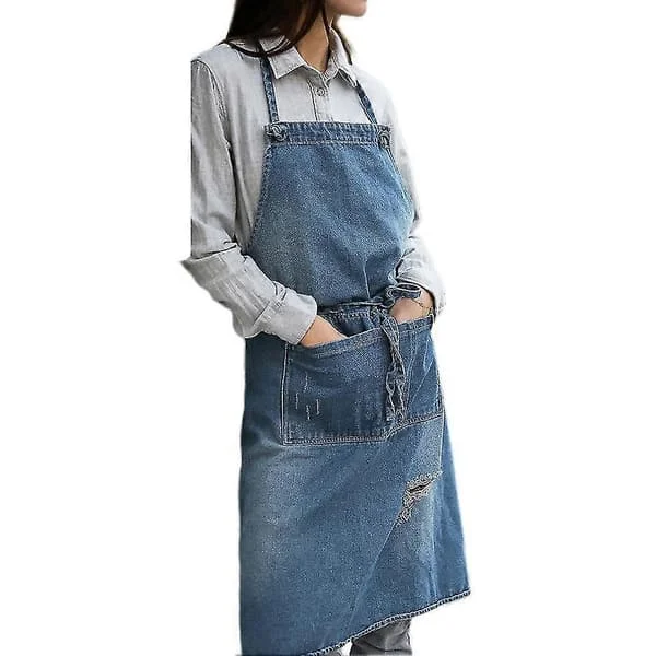 1 Denimförkläde Halter Bib med Fickor för Bakning, Målning, Trädgårdsarbete, Städning, Mörkblå SUMFZ063954