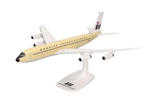 Herpa modellflygplan Braniff International Boeing 707 320 Solid beige, skala 1:144, klickmodell, samlarobjekt flygplan med ställ, plastfigur 4013150614023