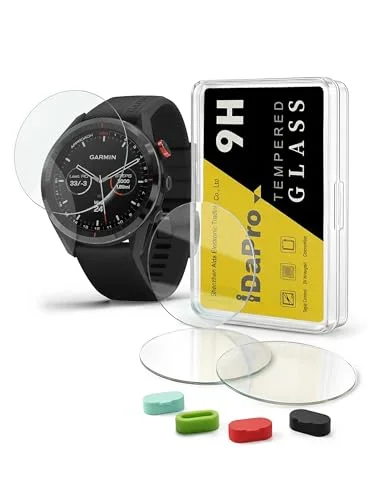 [4 pack] Skärmskydd för Garmin Approach S62 premium GPS golfklocka + silikonpluggar mot damm, iDaPro härdat glas repfri bubbelfri enkel installation 616833060861