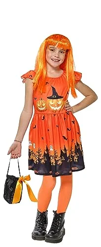 RUBIES Officiell Halloween barndräkt orange pumpaklänning med tryck liten väska barnstorlek att välja mellan kostym, för tonåring, flickor 3527079084504