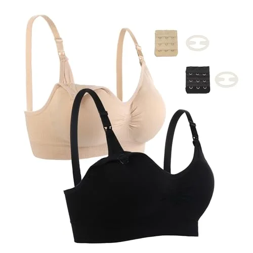 2 pack amningsbehåar för amning moderskap BH trådlös sömlös graviditet bralette kvinnor, Svart/Beige, L 794969455376