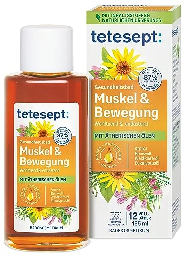 tetesept muskler och motion bad hälsobad för avkoppling avslappning med 4 eteriska oljor lugnande badtillsats värms avlastar 1 x 125 ml 4008491105842
