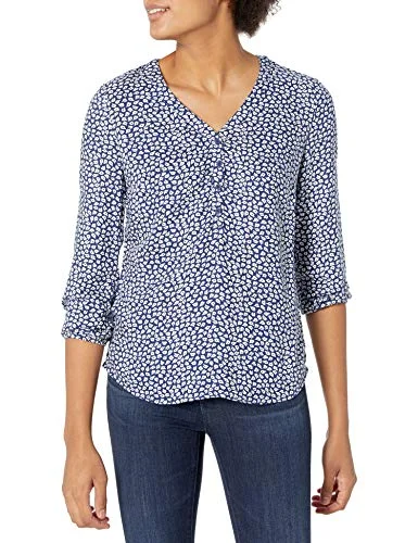 Amazon Essentials Women's Popover skjorta med knapp och trekvartsärmar, Mörkblå Vit Kronblad, L 194223974863
