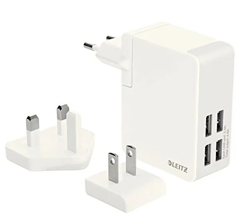 Leitz Travellerladdare, 3 uttag och 4 USB portar, hög hastighet, 24 W, vit, komplett, 62190001 4002432110254