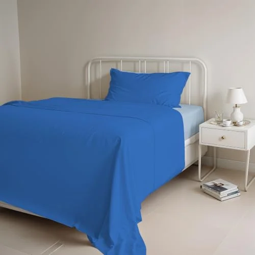 Italian Bed Linen Naturfärg sängset (platt 150 x 300, dra på lakan 90 200 cm + örngott 52 82 cm), bensinflaska grön, 100% bomull, royal/ljusblå, singel 8058575000880