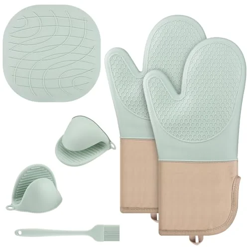 6 st ugnshandskar, matlagningshandskar, halkfria och värmebeständiga, perfekta för matlagning, bakning grillning, silikondesign (mintgrön) 722998265079