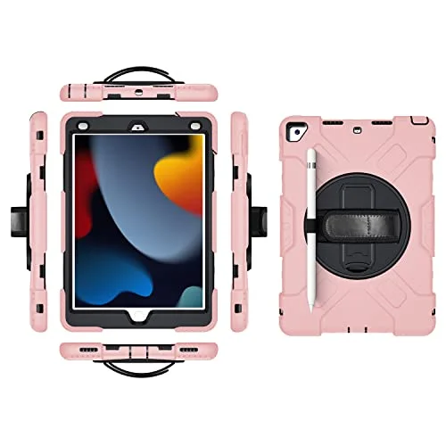 iPad 9.7 2017 2018/Pro9.7/Air2 generationen fodral med skärmskydd pennhållare Kickstand 360 vridbar handledsrem stativ robust skyddsfodral (roséguld) 755985085022