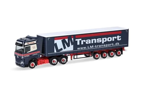 Herpa lastbilsmodell Mercedes Benz Actros Bigspace gardinsider halvskenor med baklastare "Leif Møller", på en skala från 1: 87, plastminiatyr, tillverkad i Tyskland, modellbygge, samlarutgåva 4013150316330