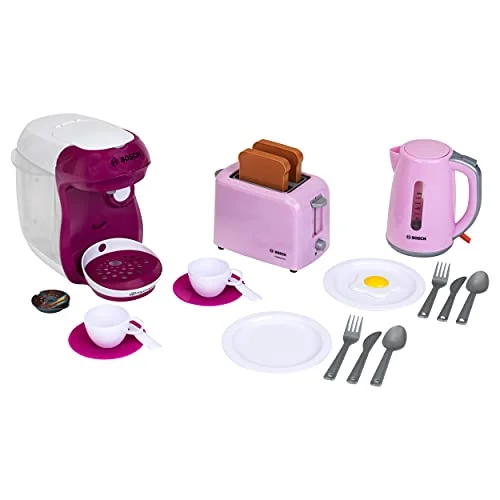 Theo Klein 9597 Bosch Frukostset I Rosa köksaccessoarer inklusive brödrost, kaffebryggare och vattenkokare Med porslin, bestick stekt ägg Leksaker för barn från 3 år äldre 4009847095978