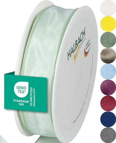 Halbach sidenband premium presentband med trådkant bredd 25 mm längd m Öko Tex 100 certifierat band Taftband Made in Germany, färg: lätt mint 4015275767455