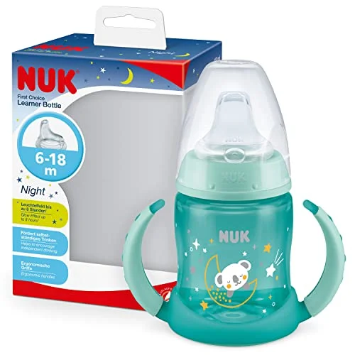 NUK First Choice Night pipmugg 618 månader 150 ml Självlysande Handtag och ortodontisk pip i silikon Läckagesäker Anti kolik BPA fri Grön 4008600421221