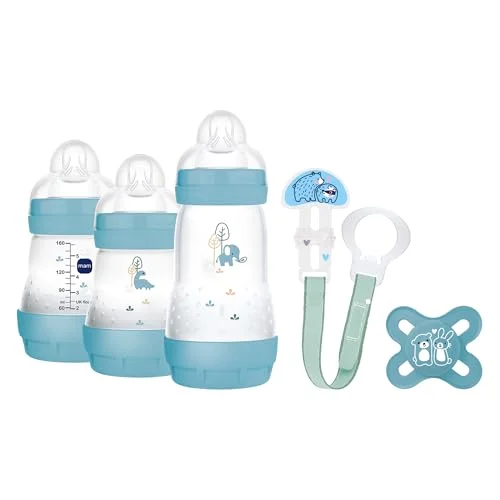 MAM Welcome to the World G101 3 nappflaskset Easy Start Anti Colic, 1 napp och brosch clip 0+ månader, blå, spansk version 9001616703560