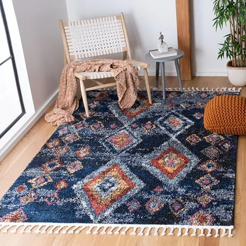 Safavieh Boho Chic inomhus vävd rektangel matta, Marocko samling, MRC941, i marinblå/multi, 160 x 229 cm för vardagsrum, sovrum eller alla inomhusutrymmen 889048770553