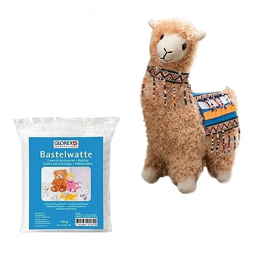 Glorex 04811 1K komplett set gosedjur för självhäftande plugg, lama, beige, ca 23 cm, inkl. 100 g bomull, pyssel och gosa 7610877600444