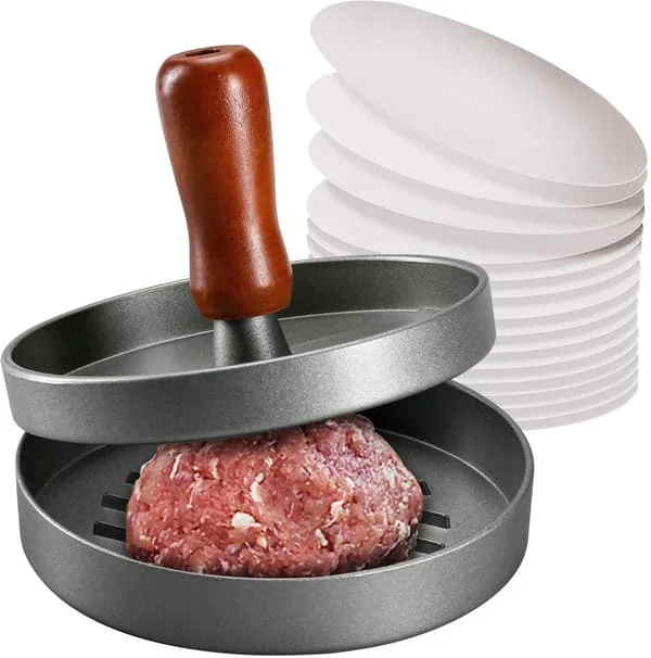 1 Hamburgerform och 100 Ark 11cm Hamburgerpapper Aluminiumlegering Köttstämpel Rosenträhandtag Rund Hamburgerform Praktiskt Verktyg AQ-6162 1 Hamburgerform och 100 Ark 11cm Hamburgerpapper Aluminiumlegering Köttstämpel Rosenträhandtag Rund Hamburgerform Praktiskt Verktyg AQ-6162