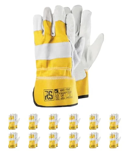 RS VIC TEC Premium monteringshandskar av läder/DOCKER TYP/storlek 10, 12 par/grå gul/monteringshandskar/arbetshandskar förstärkta med spalt oxläder 5907512666524
