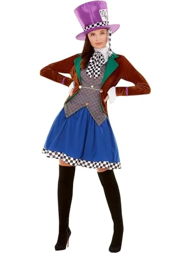 Miss Hatter Costume, Multi Coloured, with Jacket, Attached Waistcoat, Skirt & Hat (S) 5020570528013