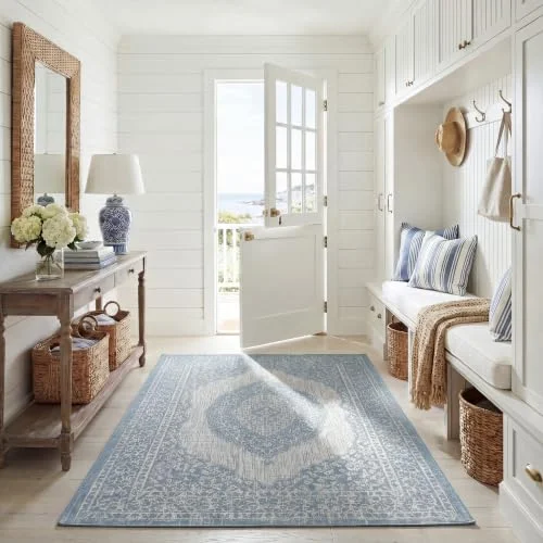 SAFAVIEH Samtida matta för vardagsrum, matsal, sovrum Courtyard Collection, kort lugg, ljusgrå och aqua, 160 x 231 cm 889048430389