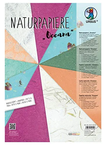 Ursus 61610003 Naturpapper Oceana, 10 ark, i olika storlekar, färger och kvaliteter, med bambupapper, skalpapper, spetspapper, blompapper bananpapper, för kreativt hantverk 4008525242598
