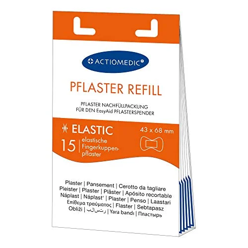 ACTIOMEDIC I ELASTIC plåster påfyllningsförpackning, 15 stycken, Kompatibel med EasyAid Plåsterautomat, Allergivänliga fingerplåster för barn och vuxna 4045444605127